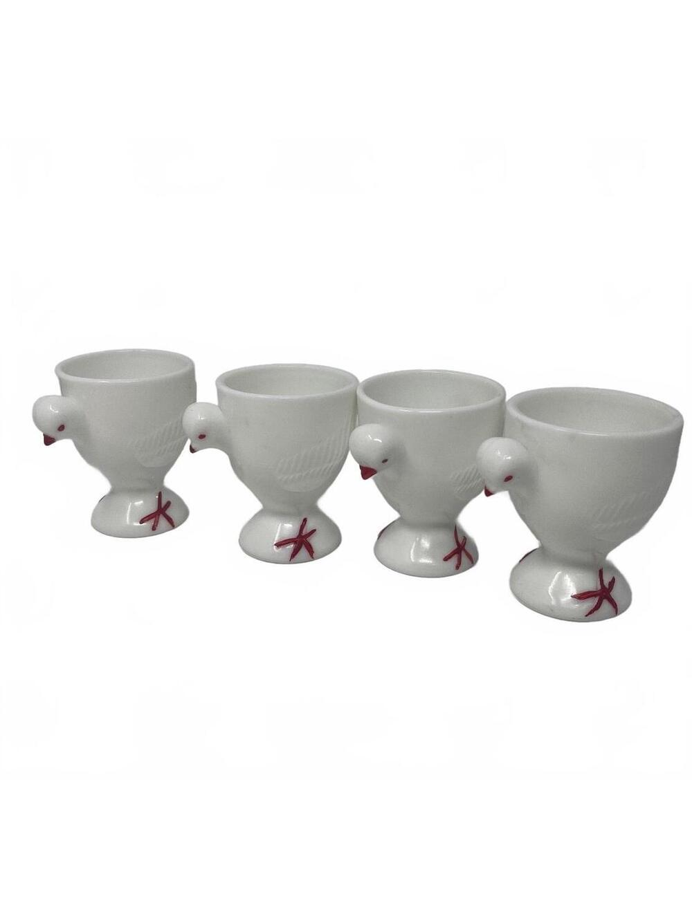 Vintage Westmoreland Milk Glass Chick Egg Cups Red Paint Accents Set of 4 1950s